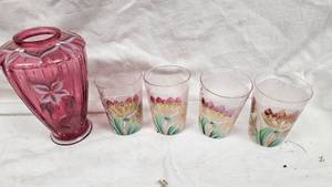 Fenton Hand-painted Vase, and set of 4 Glasses