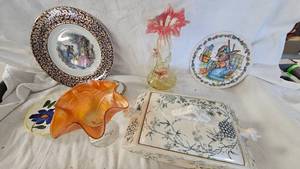Vintage Serving Dish Rectangular, Pulled Glass Vase, Carnival Style Dish