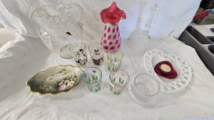 Fenton Vase, Mary Gregory Pitcher, Assorted plates and Glass