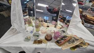 Vintage Tabletop Triple Mirror, assorted glass, Bone China