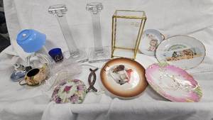 Heavy Glass Candlesticks, Jeweled Buckle, assorted plates including Little Red Riding Hood