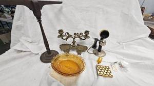 Vintage Toy Telephone, Tie Holder, Brass Dual Candelabra