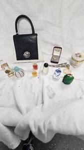 Vintage Purse, 24Kt Filled Necklace, Vintage Hair and Perfume bottles