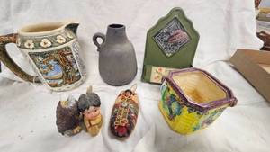 Native American FigurePlush, Pottery Pitchers and Tin Planter