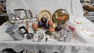 Vintage Kitchen Utensils, Cookie Cutters and plates, Food Display