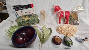 Vintage Leather Toy Horse, Hanky Box, and variety of trinkets