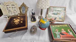 Music Box, Vintage Button Shade votive holder, Vintage Waterpaint box, Globe Coin Bank