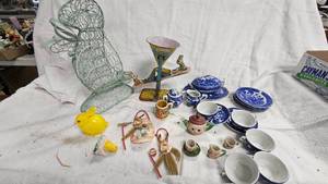 Easter Lot, Vintage Tin Rabbit Toy Teeter Totter ,Cobalt Blue Tea Set