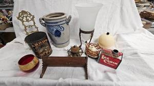 Victorian Merry Go Round Spool Holder, Log Cabin Tin, and other vintage