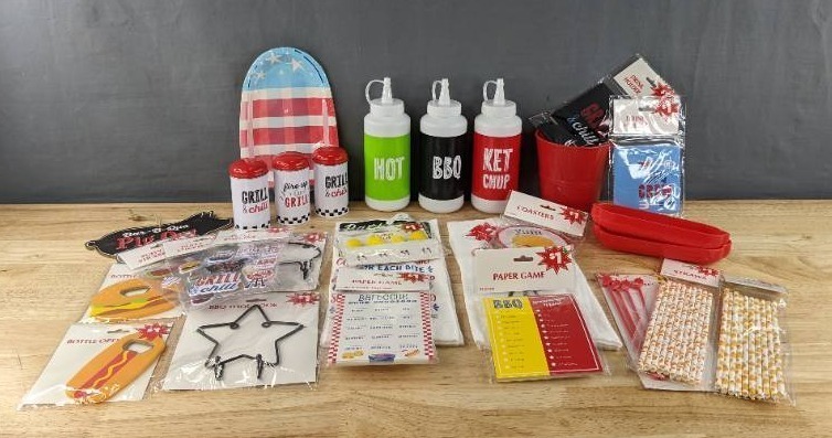 lot 834A image: New Collection of Fun Grill Themed Puffy Stickers, Corn Holder, Bottle Openers, BBQ Tool Hook, and so Much More D