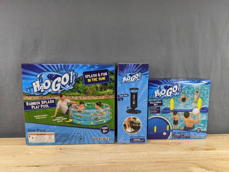 lot 26 image: Brand New H2O Go Water Toys Rainbow Splash Play Pool, One Hand Pump & Volleyball Set $55 Retail D