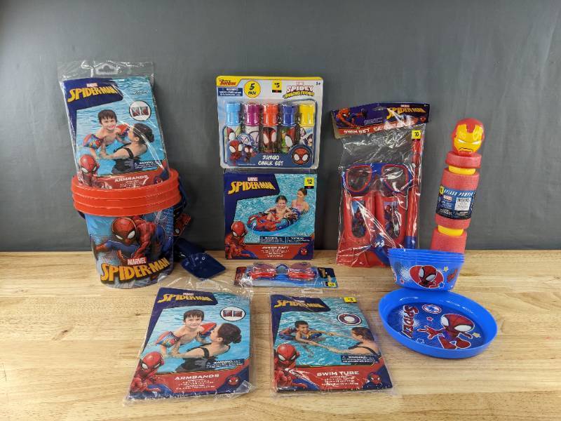 lot 26C image: Brand New Marvel Spider-Man Water Toys Swim Tubes, Goggles, Sand Buckets, Jumbo Chalk and More D
