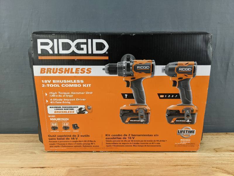 lot 1 image: Brand New Ridgid 18V Brushless 2-Tool Combo Kit with 6.0 Ah and 4.0 Ah MAX Output Batteries, Charger, and Hard Case $379 Retail I