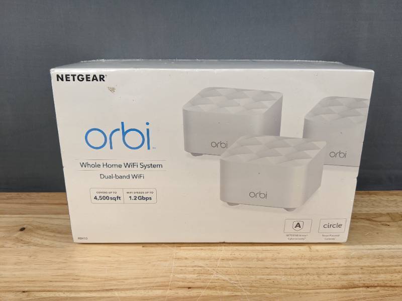 lot 77A image: Brand New NETGEAR Orbi RBK13 AC1200 Mesh WiFi System with Router and 2 Satellite Extenders $199 Retail O
