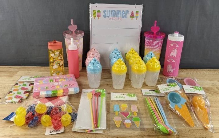 lot 211 image: Brand New Drink Holder, Drink Straws, Ice Cream Scoops, Sundae Spoons, Squeeze Bottle, Reusable Ice Cubes, Napkins, Sprinkle Shaker Dispensers, Etc. D