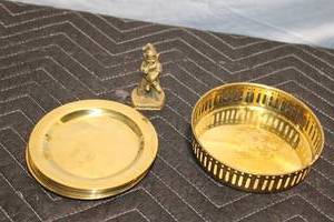 lot 96 image: Set of 6 Brass Plates with Decorative Brass Bowl and Figurine