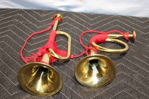 lot 159 image: Pair of Brass Hunting Horns with Red Cord Wrap
