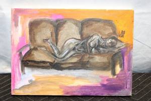 lot 191 image: Original Oil Painting of Reclining Nude on Couch