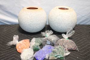 lot 243 image: Pair of Speckled Stone Vase Planters with Assorted Glass Pebbles