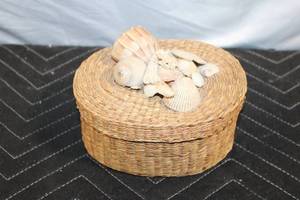 lot 354 image: Woven Basket with Coastal Seashell Decor