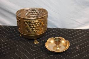 lot 356 image: Vintage Brass Wine Cooler and Candle Holder Set
