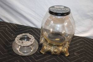 lot 366 image: Vintage Bowl-O-Beauty Glass Jar with Floral Metal Lid