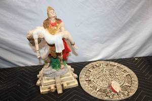lot 367 image: Mayan Themed Warrior Statue and Aztec Calendar Disc