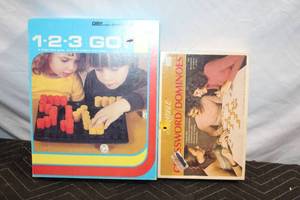 lot 421 image: Set of 2 Vintage Board Games 1-2-3 Go and Scrabble Crossword Dominoes