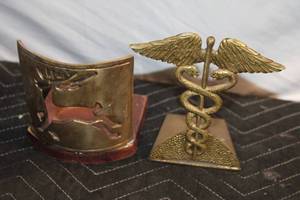 lot 422 image: Brass Medical Caduceus and Reindeer Deco Bookends