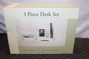 lot 444 image: 3 Piece Desk Set with Letter Holder, Organizer Cabinet, and Business Card Holder