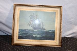 lot 496 image: Vintage Framed Nautical Lithograph of Sailing Ship