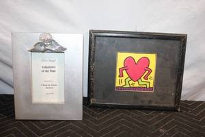 lot 498 image: Framed Keith Haring Heart Artwork and Silver Angel Volunteers of the Year Plaque