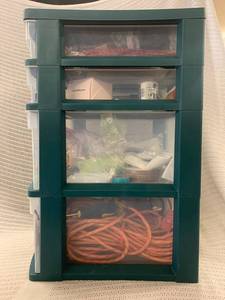 lot 25J image: Sterilite 4-Drawer Storage Cart with Tools and Supplies