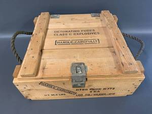 lot 39J image: Vintage Wooden Ammunition Crate Detonating Fuzes Storage