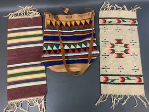 lot 43J image: Colorful Handcrafted Shoulder Bag & Textiles Lot