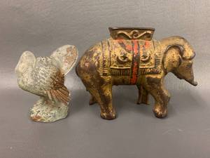 lot 48J image: Vintage Cast Iron Elephant & Bird Figurines Set Antique