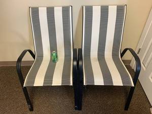 lot 100F image: Pair of Black & White Striped Outdoor Patio Chairs