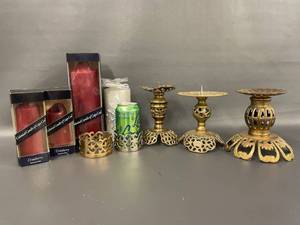 lot 100J image: Vintage Metal Candle Holders with Scented Candles