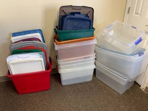 lot 111F image: Assorted Plastic Storage Bins with Lids