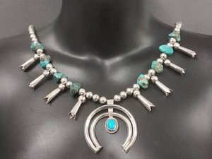 lot 23W image: Unsigned Southwest Sterling Silver Native American Turquoise Squash Blossom Necklace