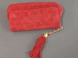 lot 49W image: Red Suede Designer Style Clutch - Chanel Marks - NO COA