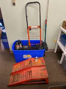 lot 15F image: Utility Dolly Fog Machine Car Ramps Fishing Rods Lot
