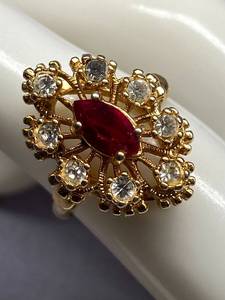 lot 57B image: 14K Gold Electroplate Marquise Red Stone CZ Statement Ring