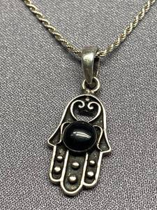 lot 78B image: 925 Silver Hamsa Pendant Necklace with Black Stone
