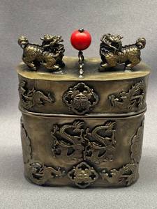 lot 96B image: Antique Dragon and Foo Dog Metal Box