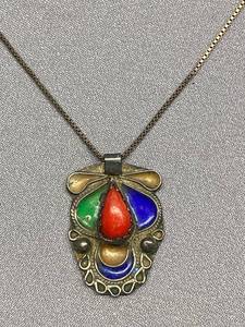 lot 99B image: Vintage Ornate Multicolor Pendant Necklace 925 Italy Chain