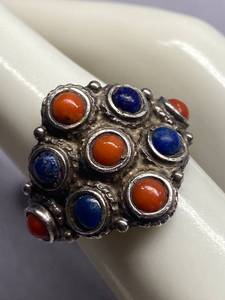 lot 103B image: Vintage Sterling Silver Ring Cluster Red Blue Stones