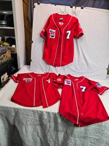lot 241 image: Collection of 3 Bernicks Pepsi Themed Red Baseball Jerseys - Name Embroidered on Back