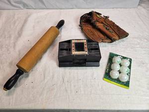 lot 245 image: Vintage Rolling Pin, Baseball Glove, Card Shuffler