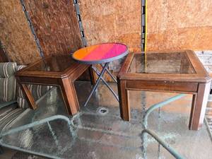 lot 23 image: 2 Glass Topped End Tables, One Small Folding Glass End Table